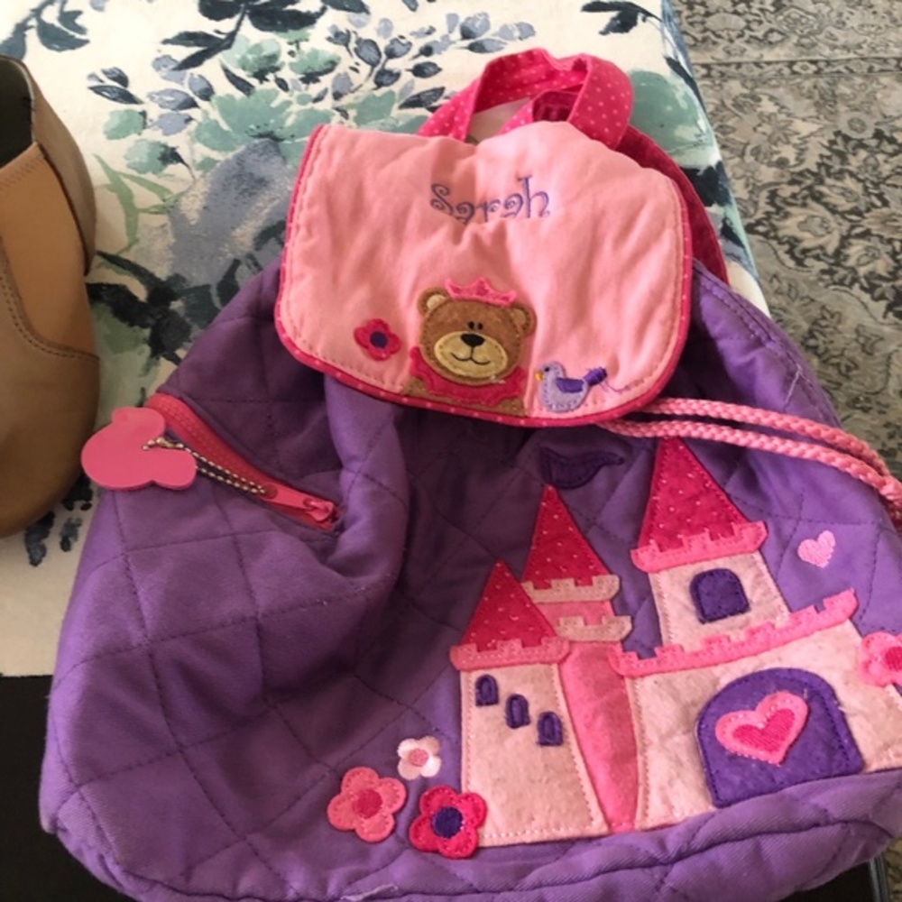 Sarah monogram Kids fabric backpack pink castle picture drawstring snap closure‎